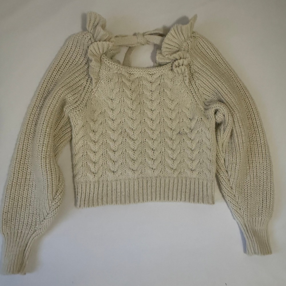 ZARA Cream Cable Knit Ruffle Bow Back Sweater Women's‎ Size S